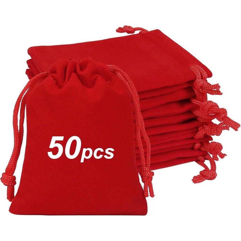 50pcs Little velvet bags, 3x4inch Red Drawstring Gift Bags Small Jewelry pouches